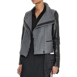 Vince Leather Sleeve Wool Tweed Moto Jacket Small Black Grey